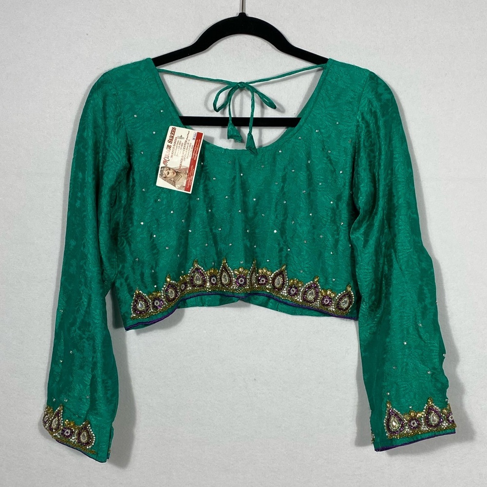Mirage Saree Emerald Green Long Sleeve Beaded Crop Top